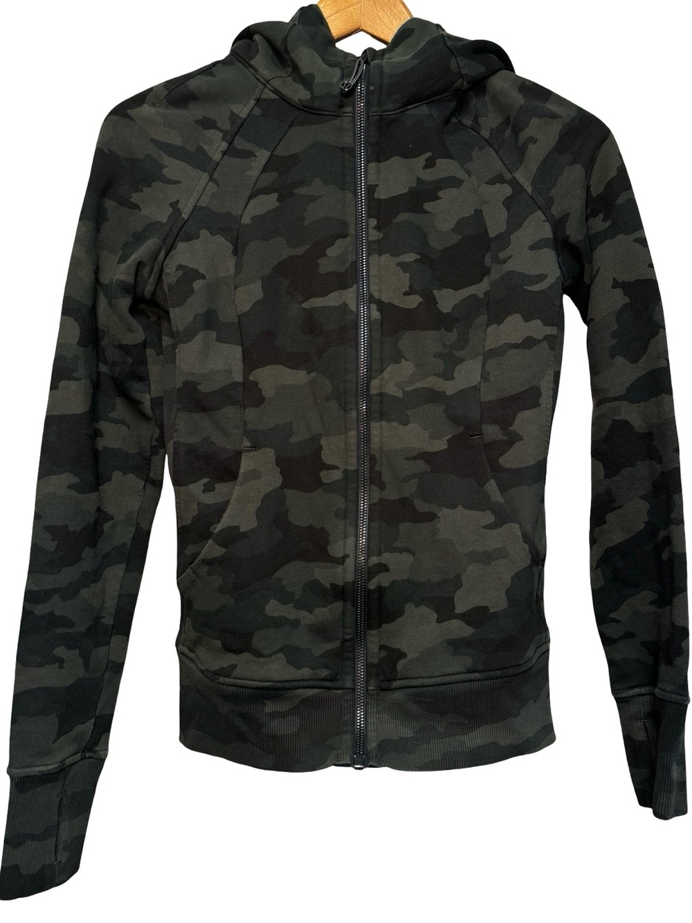 Lululemon Camo Scuba Jacket Hoodie Size 4 Workout Full Zip Thumbhole Running